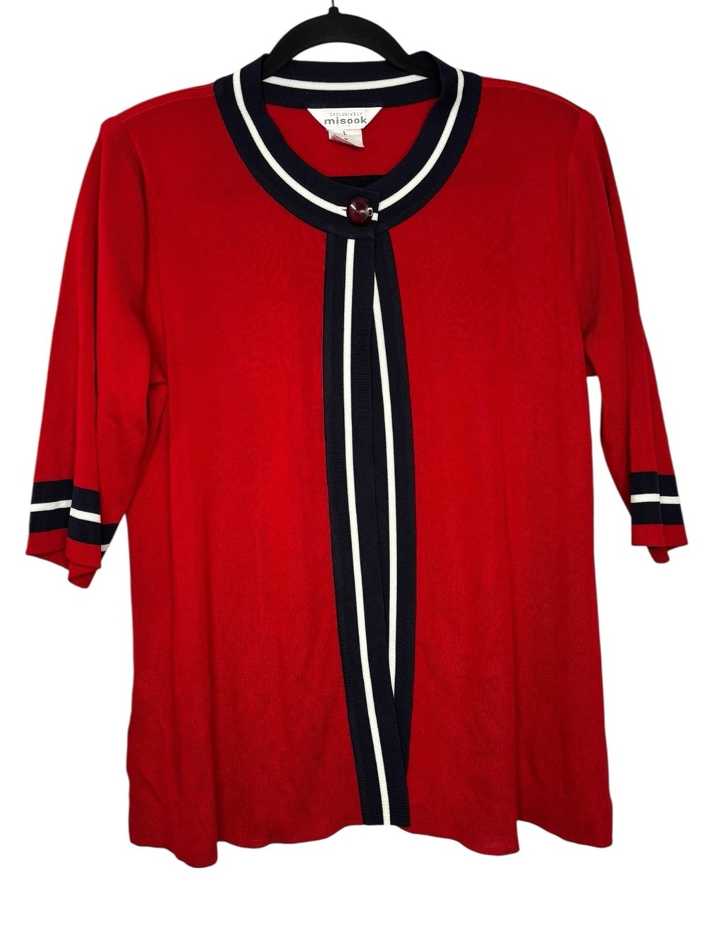 Misook Red Single Button Cardigan Sweater Blue and White Nautical Stripes Large